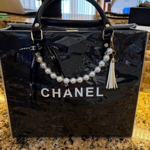 Handmade PVC Glossy Black Tote with Pearl Detail!!